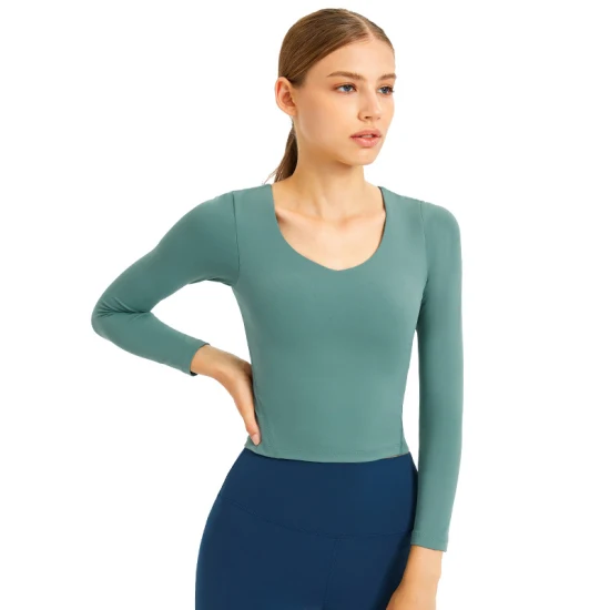 Ds131 Women Long Sleeve Solid Yoga Crop Top Casual Slim Fitted Basic Sportwear with Build in Bra