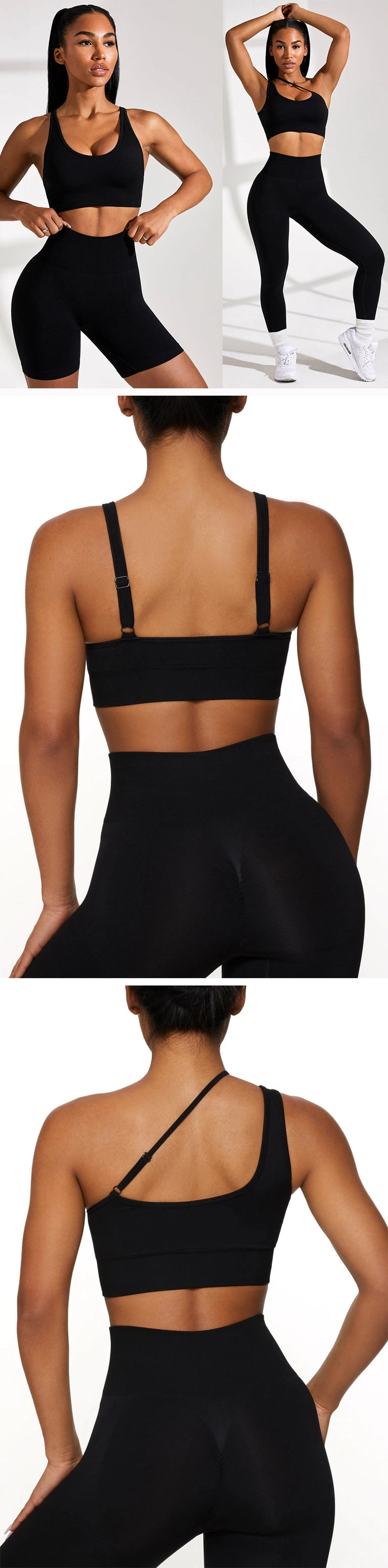 New Design Unique Shoulder Bodybuilding Gym Wear for Women, Private Label Cute Casual Fitness Apparel Seamless Workout Bra + Sports Shorts + Yoga Pants Suits